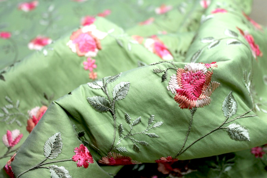 Embroidered Dupion - Pink Roses on Apple Green fabric, image 7 of 7