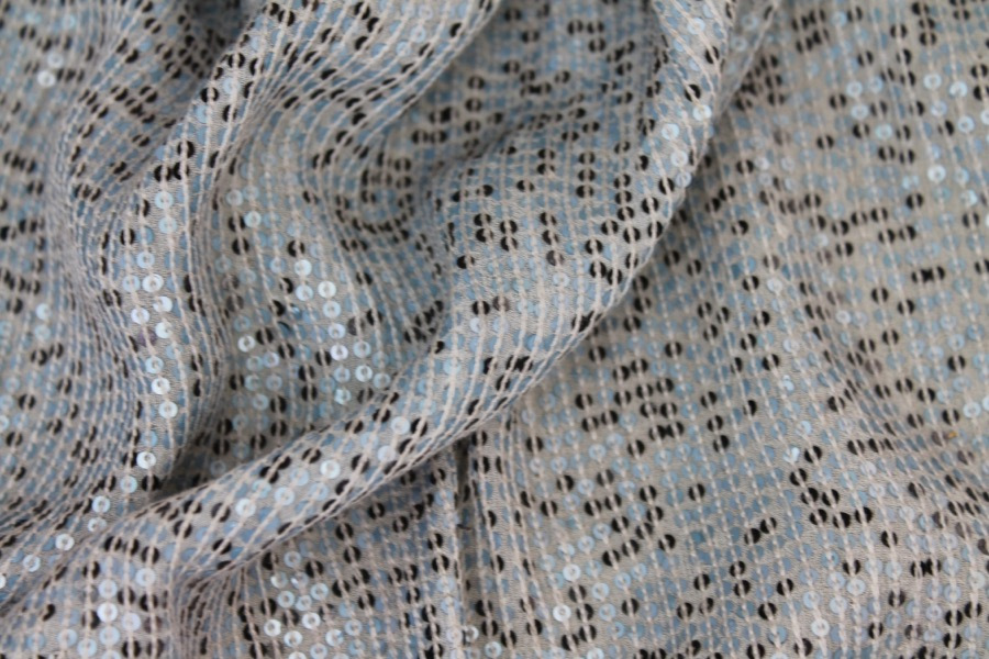 Micro Sequin On Silk Chiffon - Dusty Blue and Black fabric, image 4 of 10