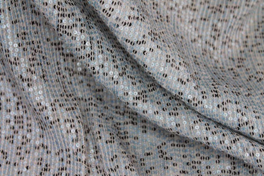 Micro Sequin On Silk Chiffon - Dusty Blue and Black fabric, image 3 of 10
