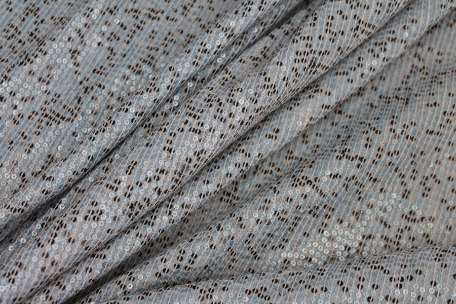 Micro Sequin On Silk Chiffon - Dusty Blue and Black fabric, image 2 of 10