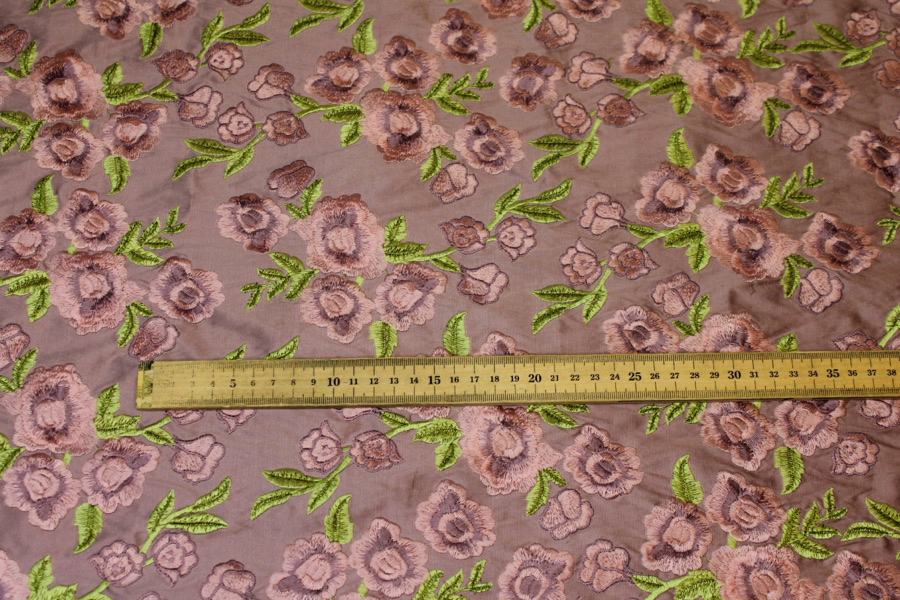 Embroidered Dupion - Pink and Mauve Roses on Mauve fabric, image 6 of 9
