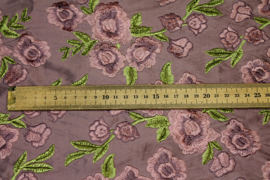 Embroidered Dupion - Pink and Mauve Roses on Mauve fabric, image 3 of 9