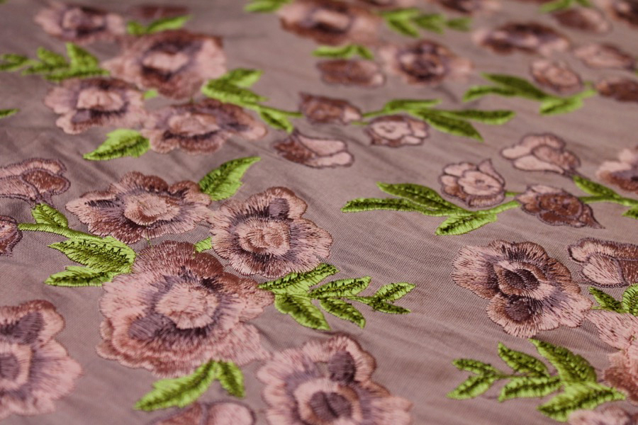 Embroidered Dupion - Pink and Mauve Roses on Mauve fabric, image 4 of 9