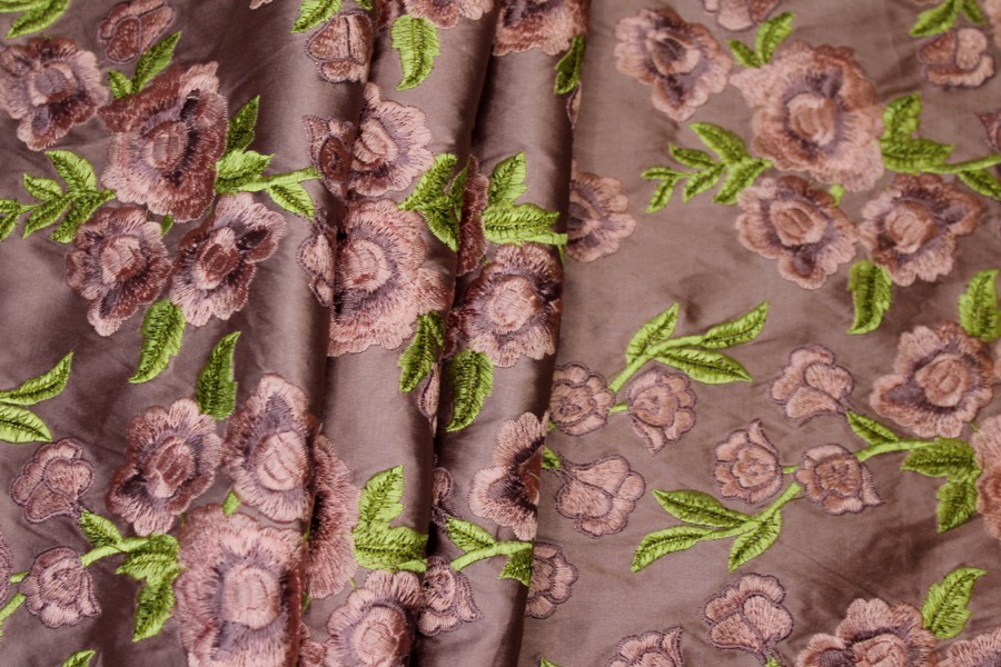 Embroidered Dupion - Pink and Mauve Roses on Mauve fabric, image 5 of 9