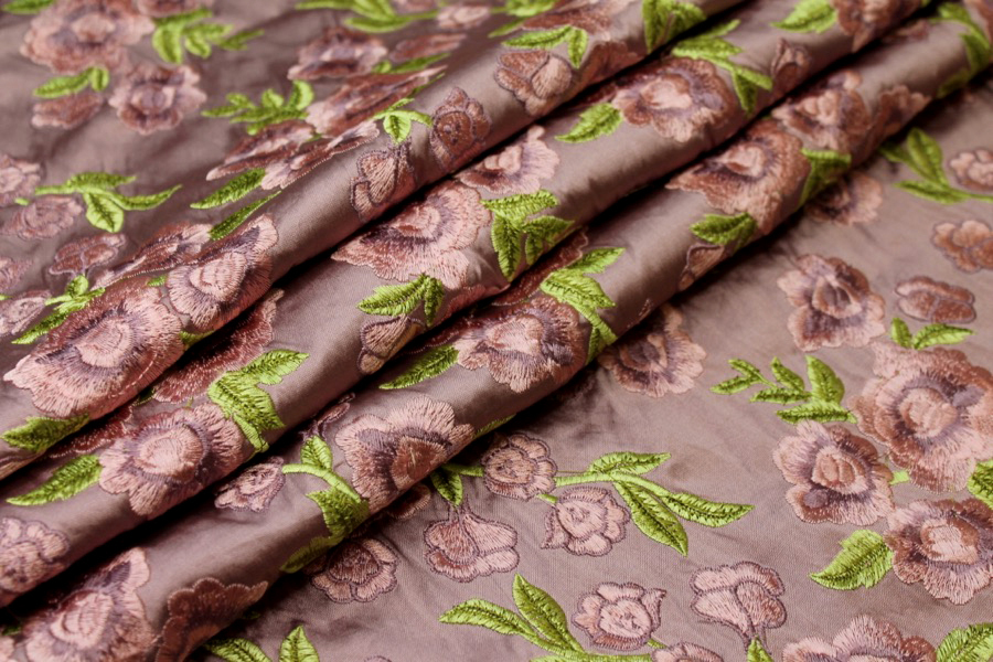 Embroidered Dupion - Pink and Mauve Roses on Mauve fabric