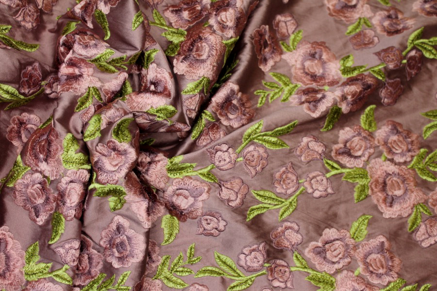 Embroidered Dupion - Pink and Mauve Roses on Mauve fabric, image 2 of 9
