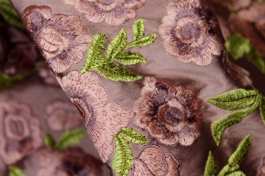 Embroidered Dupion - Pink and Mauve Roses on Mauve fabric, image 7 of 9