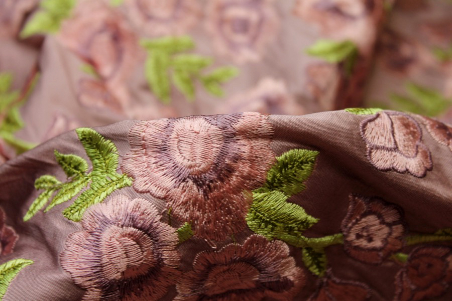 Embroidered Dupion - Pink and Mauve Roses on Mauve fabric, image 8 of 9
