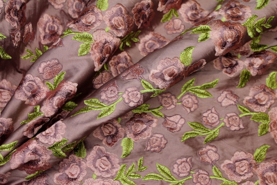 Embroidered Dupion - Pink and Mauve Roses on Mauve fabric, image 9 of 9