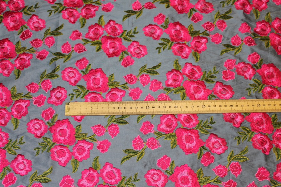 Embroidered Dupion - Bright Pink Roses on Grey Blue fabric, image 6 of 9