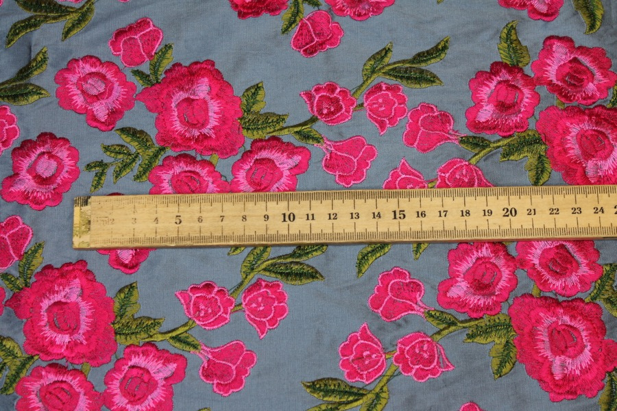 Embroidered Dupion - Bright Pink Roses on Grey Blue fabric, image 3 of 9
