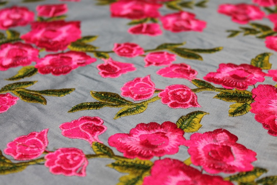 Embroidered Dupion - Bright Pink Roses on Grey Blue - 0.45m Piece fabric, image 5 of 9