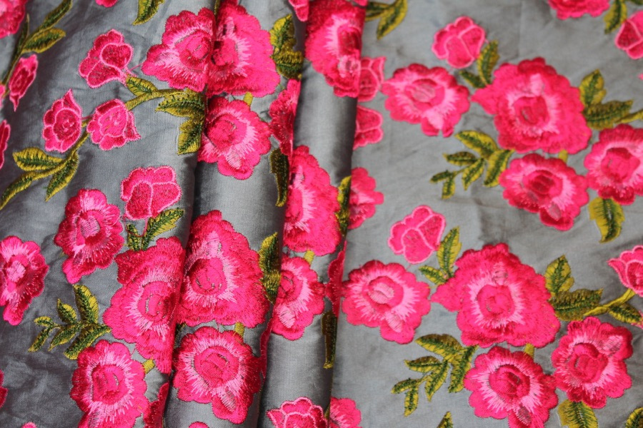 Embroidered Dupion - Bright Pink Roses on Grey Blue fabric, image 2 of 9