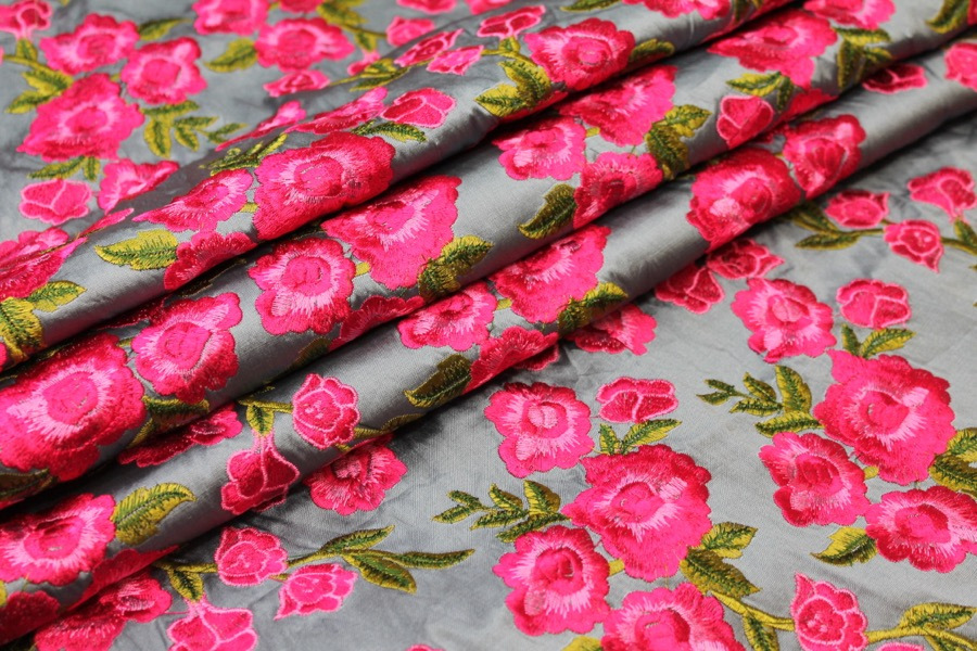 Embroidered Dupion - Bright Pink Roses on Grey Blue fabric