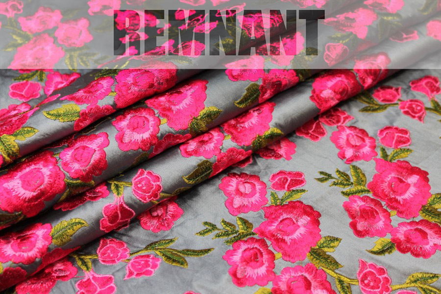Embroidered Dupion - Bright Pink Roses on Grey Blue - 0.45m Piece fabric