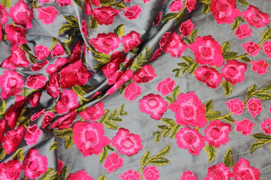 Embroidered Dupion - Bright Pink Roses on Grey Blue fabric, image 4 of 9