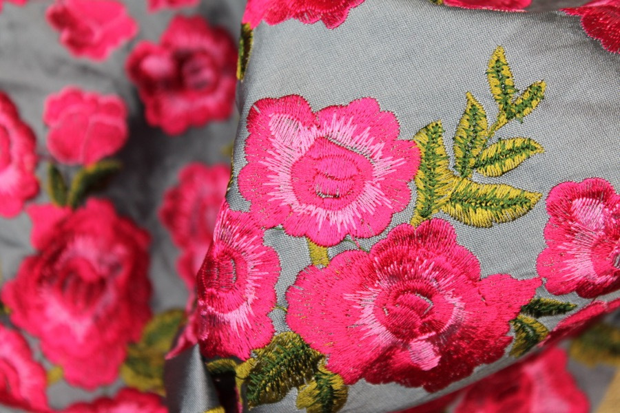 Embroidered Dupion - Bright Pink Roses on Grey Blue fabric, image 9 of 9