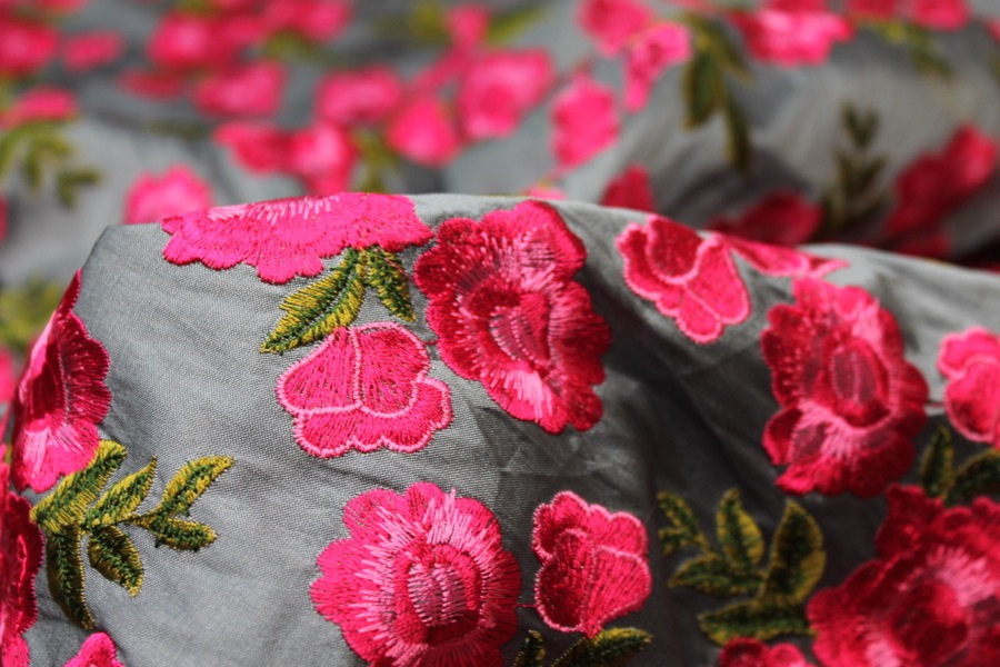 Embroidered Dupion - Bright Pink Roses on Grey Blue fabric, image 8 of 9