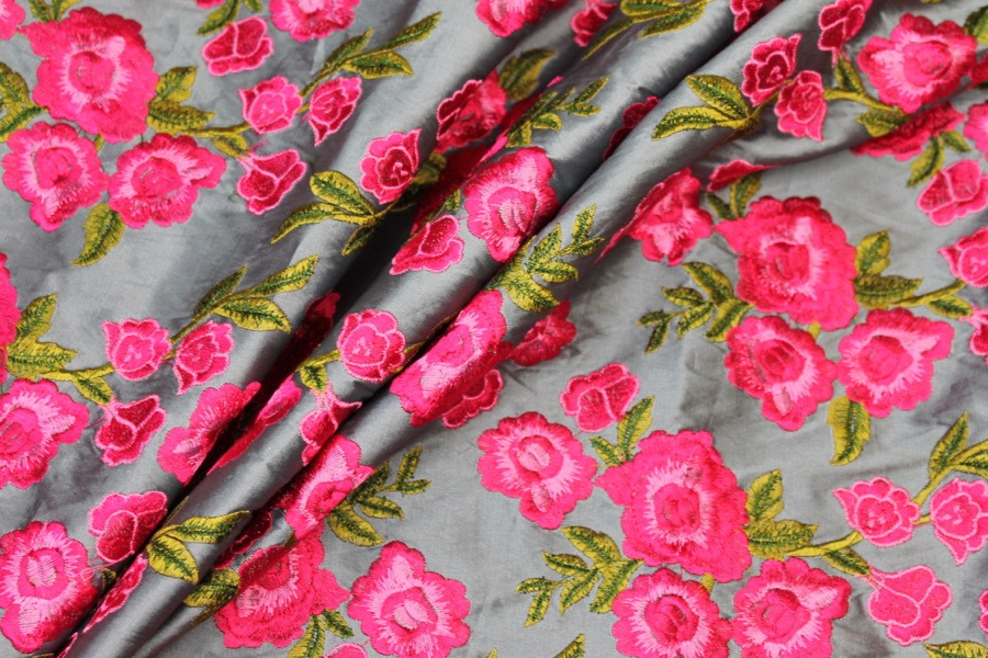 Embroidered Dupion - Bright Pink Roses on Grey Blue fabric, image 7 of 9