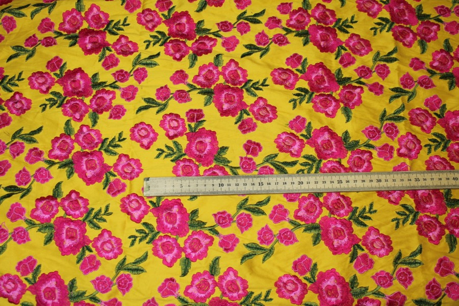 Embroidered Dupion - Bright Pink Roses on Sunflower Yellow fabric, image 3 of 9