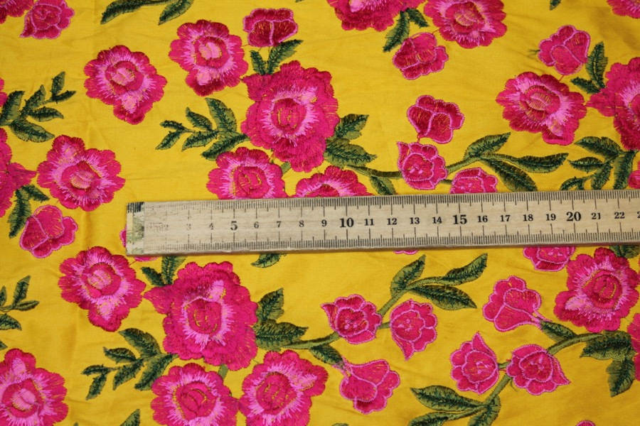 Embroidered Dupion - Bright Pink Roses on Sunflower Yellow fabric, image 5 of 9