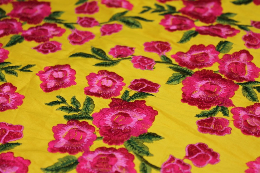 Embroidered Dupion - Bright Pink Roses on Sunflower Yellow fabric, image 4 of 9