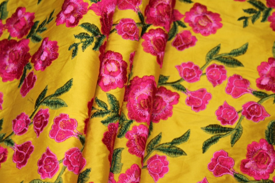 Embroidered Dupion - Bright Pink Roses on Sunflower Yellow fabric, image 2 of 9