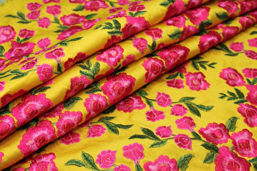 Embroidered Dupion - Bright Pink Roses on Sunflower Yellow fabric