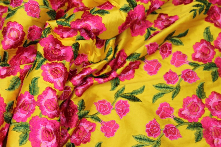 Embroidered Dupion - Bright Pink Roses on Sunflower Yellow fabric, image 6 of 9
