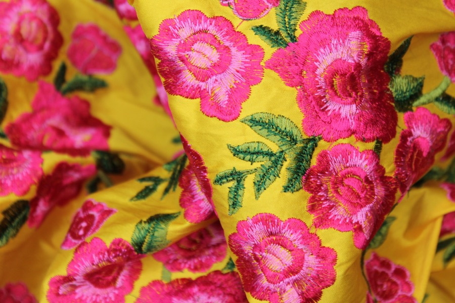Embroidered Dupion - Bright Pink Roses on Sunflower Yellow fabric, image 7 of 9
