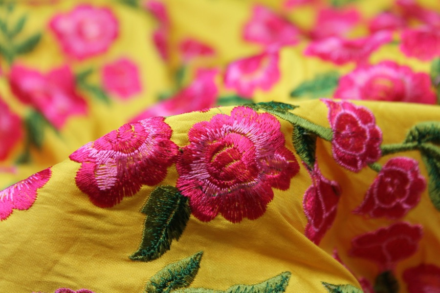 Embroidered Dupion - Bright Pink Roses on Sunflower Yellow fabric, image 8 of 9