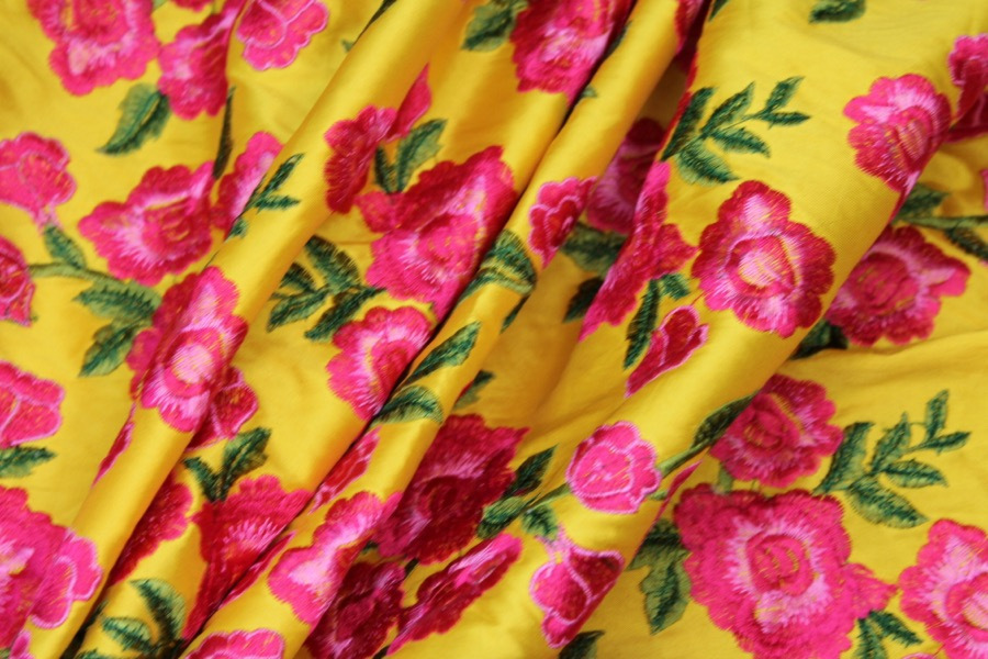 Embroidered Dupion - Bright Pink Roses on Sunflower Yellow fabric, image 9 of 9