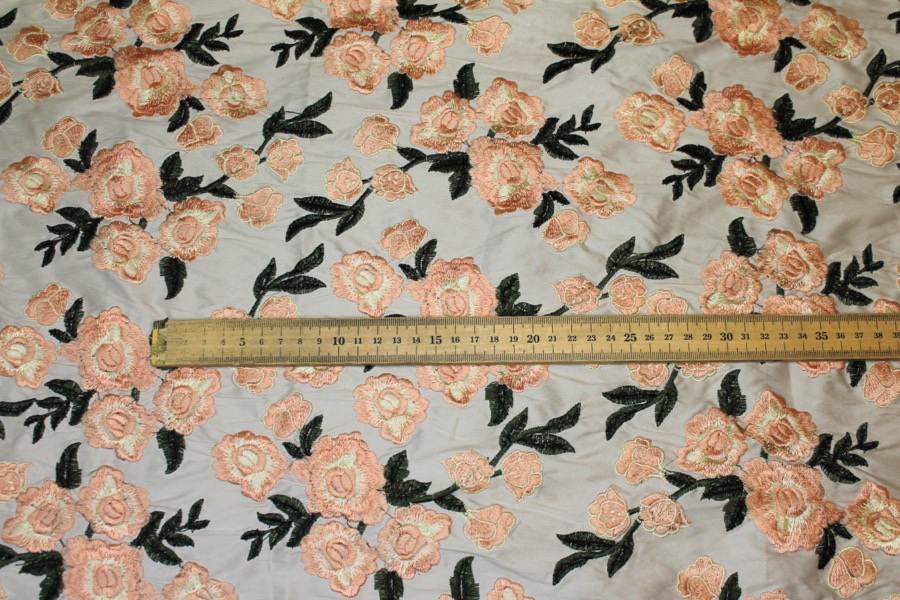 Embroidered Dupion - Pale Pink Roses on Blush Pink fabric, image 5 of 9