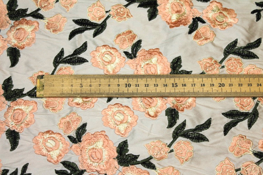 Embroidered Dupion - Pale Pink Roses on Blush Pink fabric, image 3 of 9