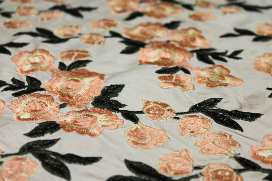 Embroidered Dupion - Pale Pink Roses on Blush Pink fabric, image 4 of 9