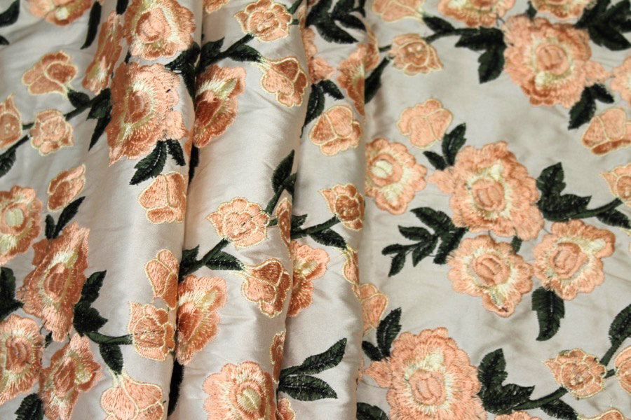 Embroidered Dupion - Pale Pink Roses on Blush Pink fabric, image 6 of 9