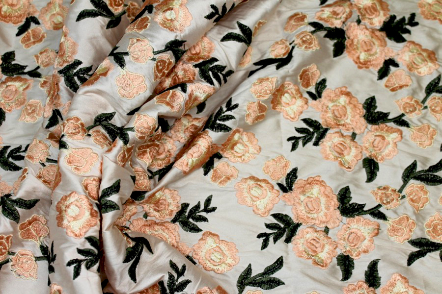 Embroidered Dupion - Pale Pink Roses on Blush Pink fabric, image 2 of 9