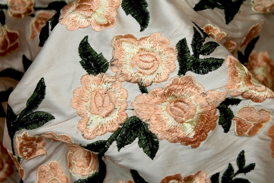 Embroidered Dupion - Pale Pink Roses on Blush Pink fabric, image 7 of 9