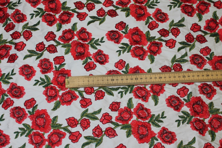 Embroidered Dupion - Red Roses on Ivory fabric, image 6 of 8