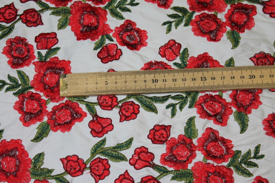 Embroidered Dupion - Red Roses on Ivory fabric, image 5 of 8