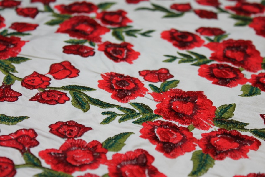 Embroidered Dupion - Red Roses on Ivory fabric, image 3 of 8
