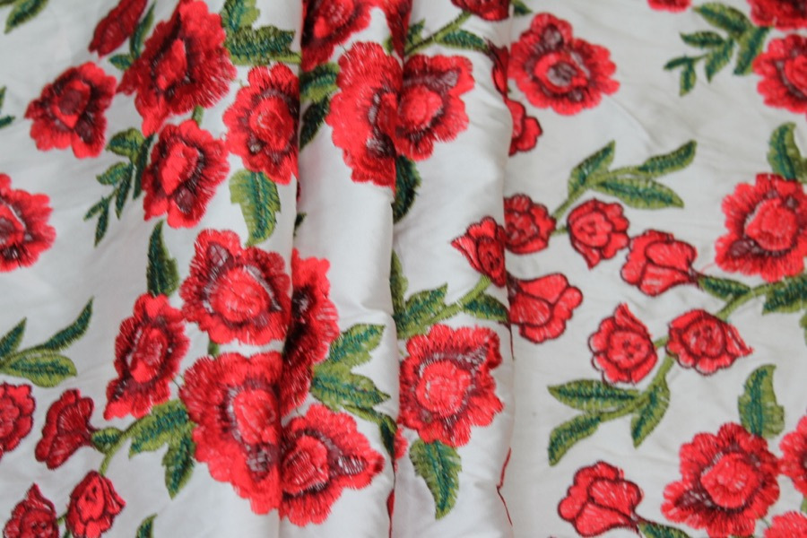 Embroidered Dupion - Red Roses on Ivory fabric, image 2 of 8