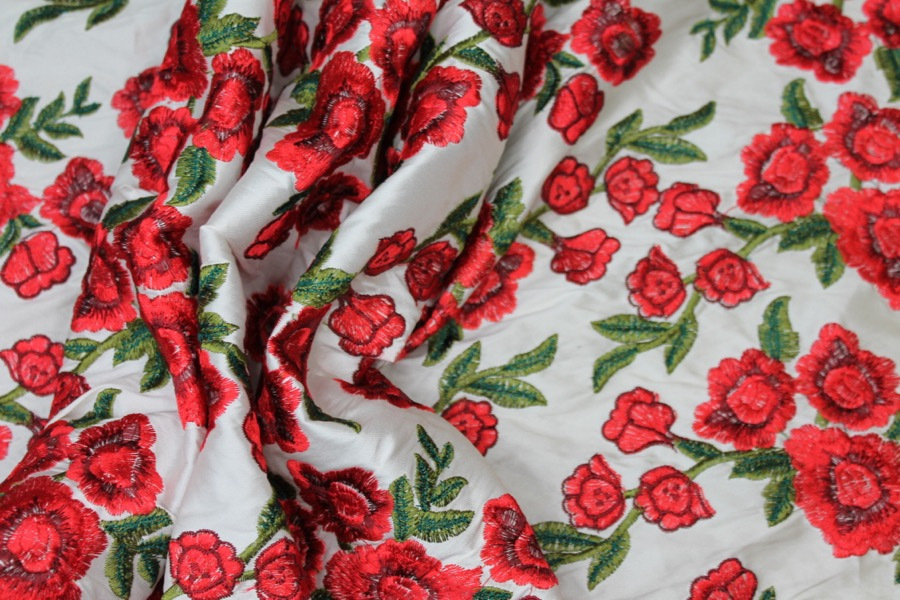 Embroidered Dupion - Red Roses on Ivory fabric, image 4 of 8