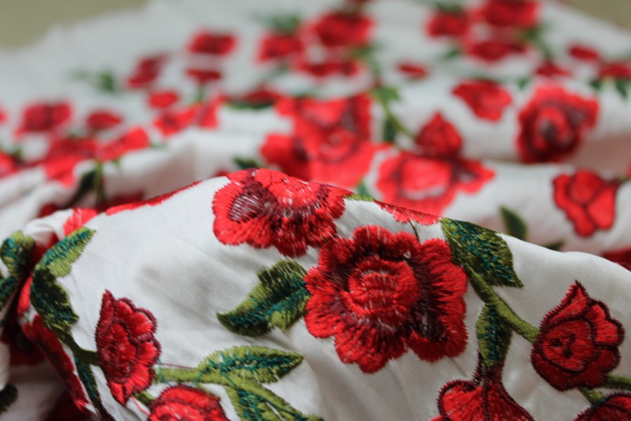 Embroidered Dupion - Red Roses on Ivory fabric, image 7 of 8