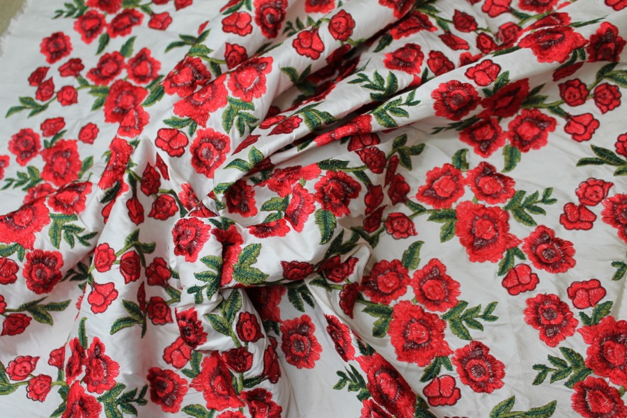 Embroidered Dupion - Red Roses on Ivory fabric, image 8 of 8