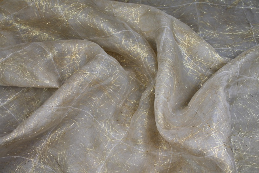 Gold Tinsel Strands Sandwiched in Silk Organza - Ivory fabric, image 4 of 7