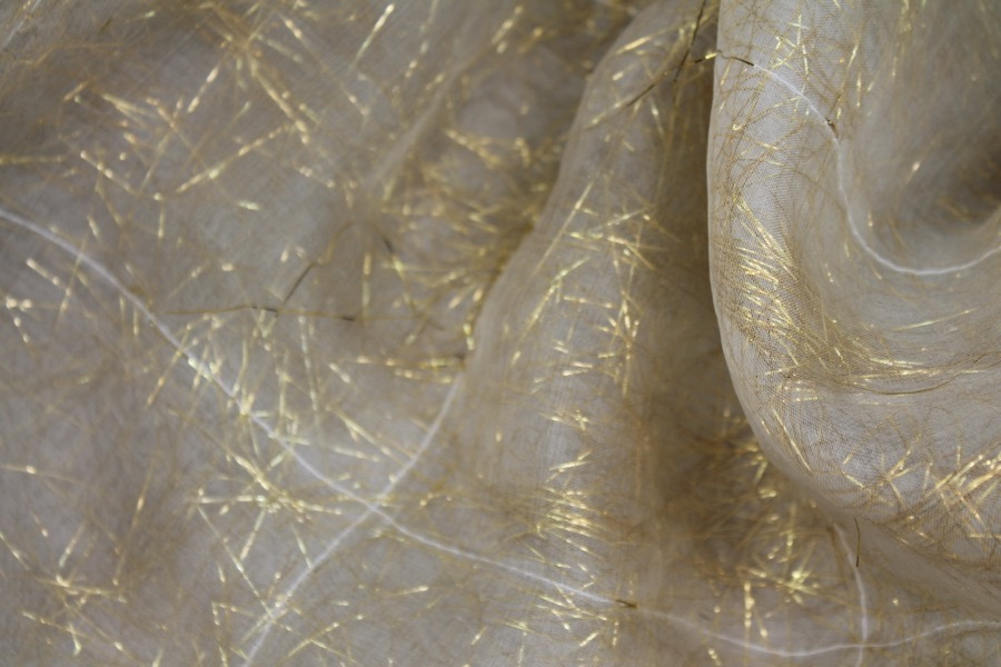 Gold Tinsel Strands Sandwiched in Silk Organza - Ivory fabric