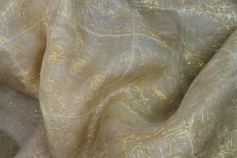 Gold Tinsel Strands Sandwiched in Silk Organza - Ivory fabric, image 2 of 7