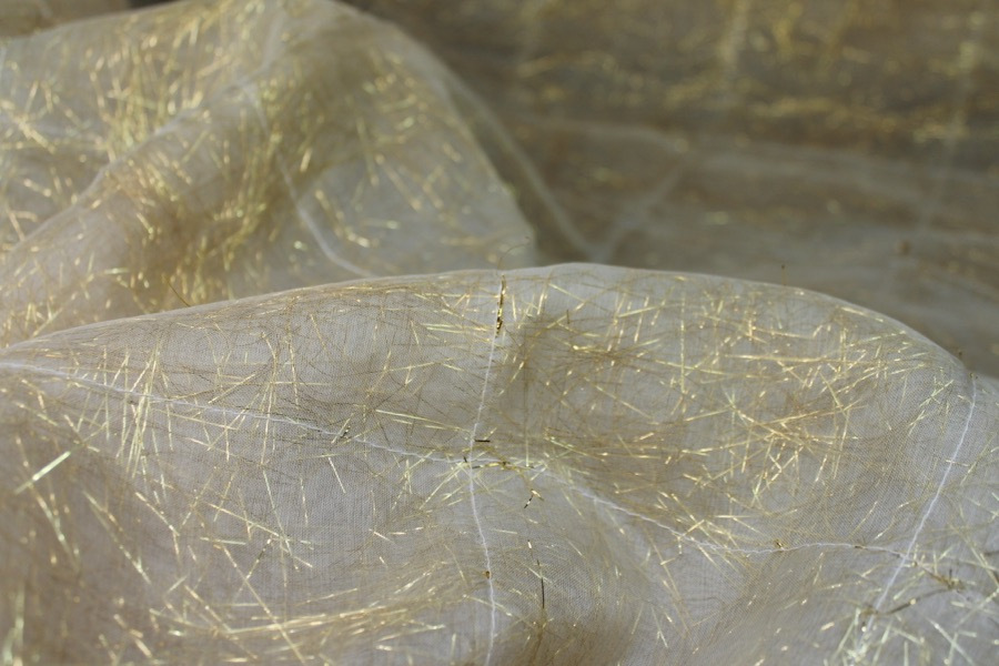 Gold Tinsel Strands Sandwiched in Silk Organza - Ivory fabric, image 3 of 7