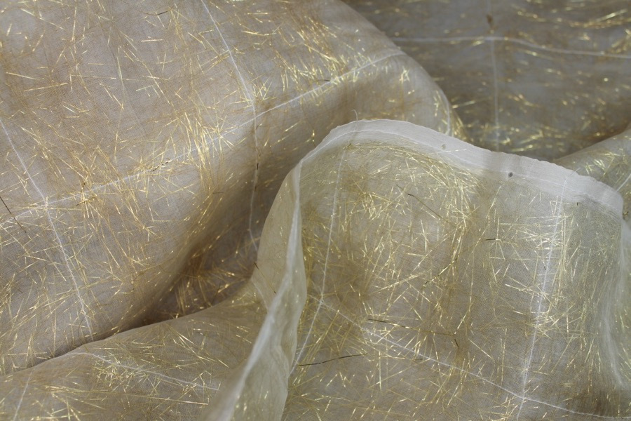Gold Tinsel Strands Sandwiched in Silk Organza - Ivory fabric, image 6 of 7